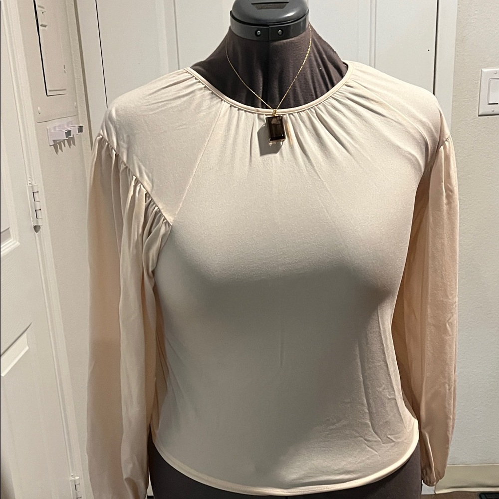 a new day Cream Long-Sleeve Gathered Shoulder Blouse